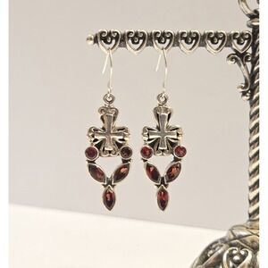 Sterling Silver Natural Red Garnet Cross Dangle Earrings 925